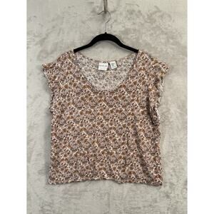 Rachel Zoe Brown Floral 100% Linen Flutter Sleeve Top sz XL Boho Granola Cottage